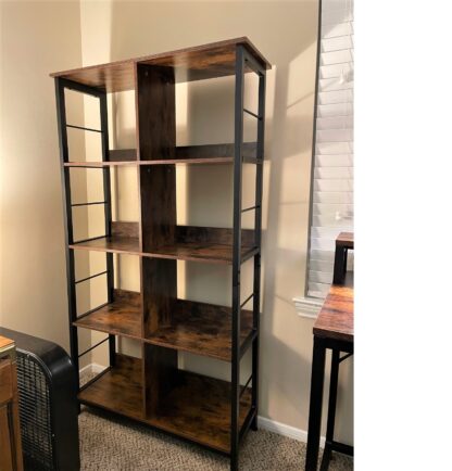 Rustic Brown + Black Industrial Bookshelf, 4-Tier Bookcase with 8 Cubes