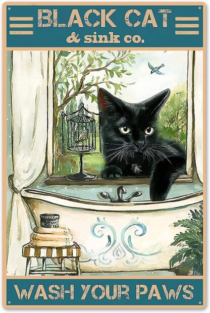 8x12 inch Black Cat Wash Your Paws Home Bathroom Metal Tin Sign =