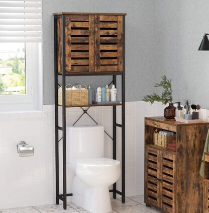 Rustic Brown + Black Over-The-Toilet Storage, Bathroom Organizer Cabinet