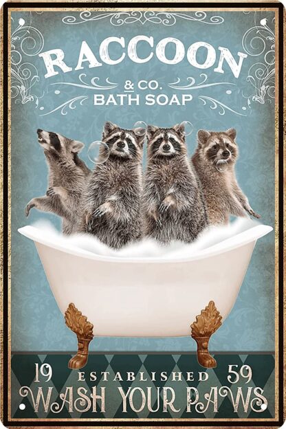 8x12 inch Funny Raccoon Decor Vintage Bathroom and Bathtub Metal Tin Sign