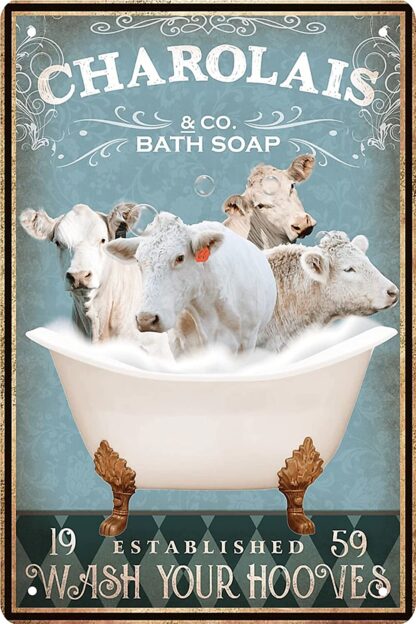 8x12 inch Funny Charolais Cow Decor Vintage Bathroom and Bathtub