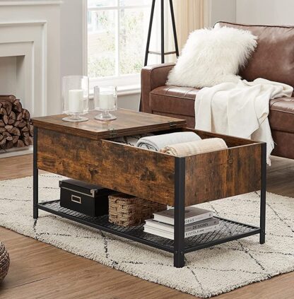 Rustic Brown + Black Coffee Table, Living Room Table with Flip Top