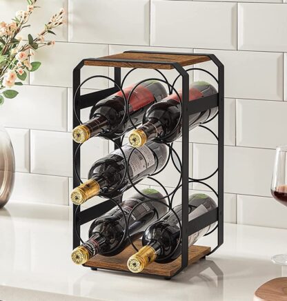 Rustic Brown + Black Wine Rack, 6-Bottle Wine Holder, for Countertop or Cabinet