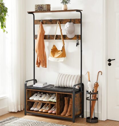 Rustic Brown + Black Hall Tree with Storage Bench, Entryway Storage with 9 Hooks