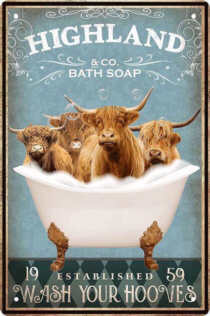 8x12 inch Funny Highland Cow Vintage Bathroom and Bathtub Metal Tin Sign