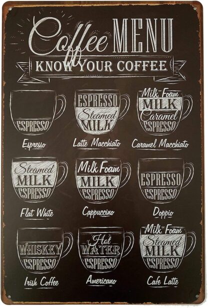 8x12 inch Coffee Menu Sign, Vintage Know Your Coffee Metal Signs