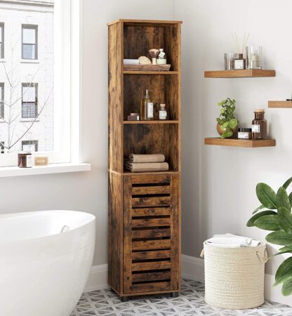 Rustic Brown Bathroom Tall Cabinet, Storage Cabinet with 3 Open Compartments