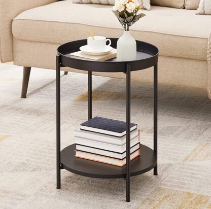 Black End Table, Side Table 2-Tier, Sofa Table with Movable Tray