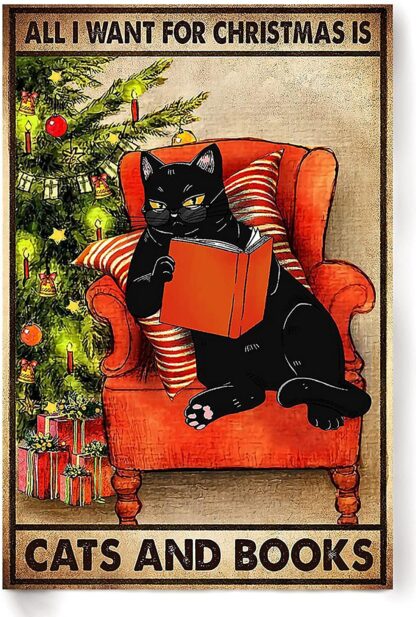 8x12 inch Funny Christmas Black Cat All I Want for Christmas is Cat and Books