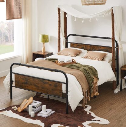 Rustic Brown + Black Full Size Metal Bed Frame with Headboard Footboard