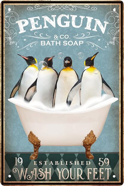 8x12 inch Funny Penguin Decor Vintage Bathroom and Bathtub Metal Tin Sign