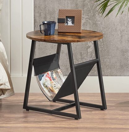 Rustic Brown + Black Round End Table with Pocket, Side Table, Coffee Sofa Table