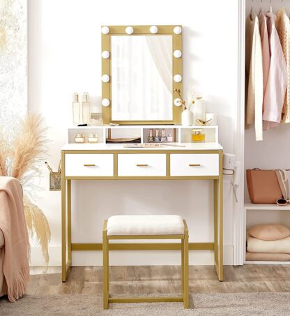 White + Gold Vanity Desk, Makeup Vanity Set with LED Lights