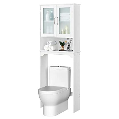 White Over The Toilet Storage Cabinet with Double Tempered Glass Doors - Image 9