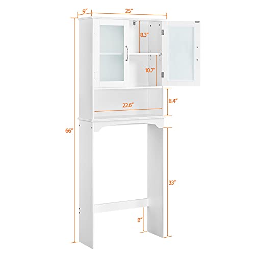 Over The Toilet Storage Cabinet with Double Tempered Glass Doors - Color: White