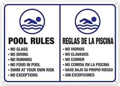 8x12 inch Metal Wall Pool Rules Sign Bilingual, English Spanish