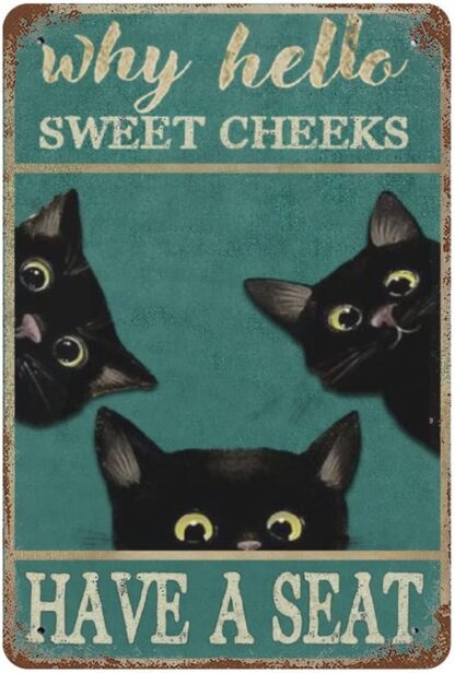 8x12 inch Tin Sign Black Cat Why Hello Sweet Cheeks Have A Seat