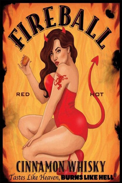 8x12 inch Tin Sign Fireball Whisky Devil Girl Cat Vintage Aluminum Sign