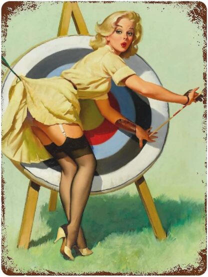 8x12 inch Retro Sexy Woman And Archery Target 1950s Metal Tin Sign