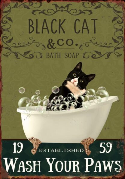 8x12 inch Black Cat Wash Your Paws Tin Sign Wall Art Decor Metal Sign