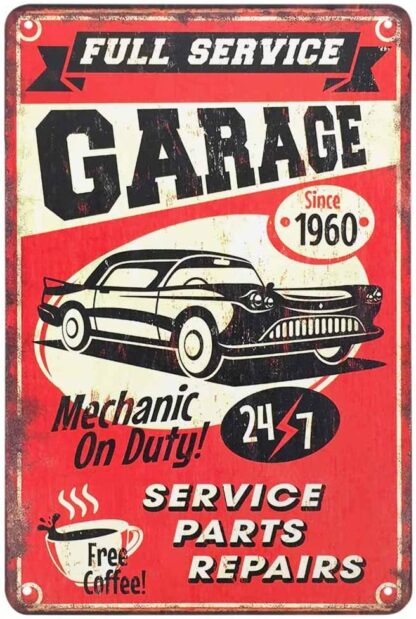 8x12 inch Full Service Garage Tin Sign,Mechanic On Duty 24-7 Car Service Parts