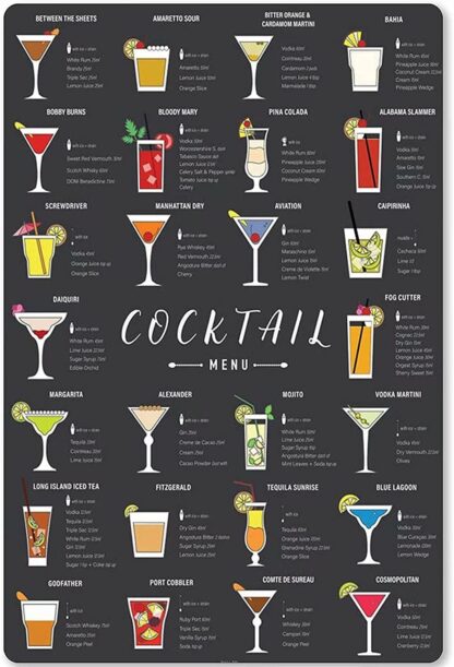 8x12 inch Metal Tin Sign Cocktail Menu Metal Poster