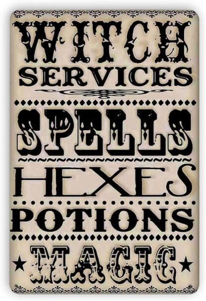 8x12 inch Metal Witch Services Spells Hexes Potions Magic Signs