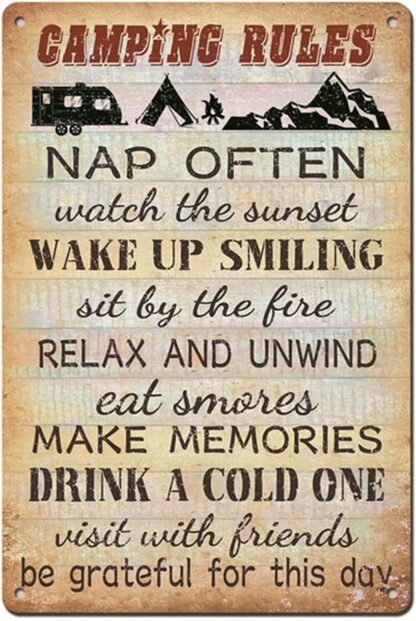 8x12 inch Camping Rules - Decor, Retro Wall Poster Plaque Outdoor Sign for Bar