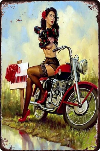 8x12 inch Metal Tin Sign Sexy Lady Riding Motocycle Pinup Girl