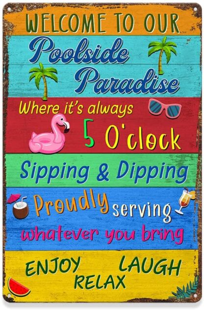 8x12 inch Pool Signs, Poolside Metal Sign Outdoor Decor, Summer Vibes