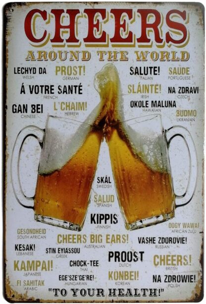 8x12 inch Cheers Around The World Drinking Distressed Tin Sign