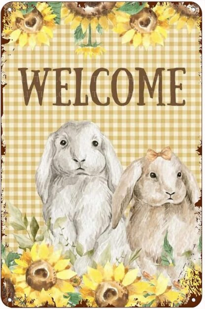 8x12 inch Welcome Sunflowers & Bunnies Antique Creative Tin Sign