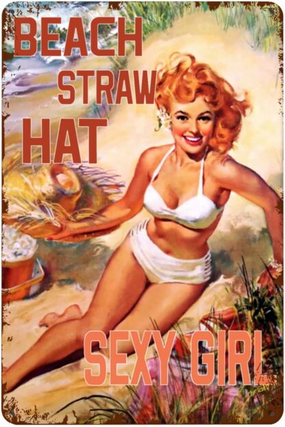 8x12 inch Beach straw hat sexy girl Signs Iron Poster Wall Art