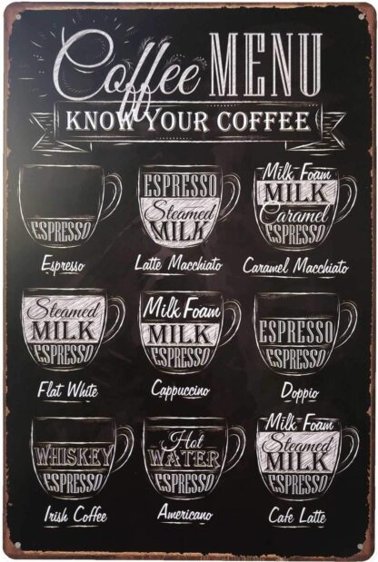 8x12 inch Coffee MENU Metal Signs Vintage Know Your Coffee Tin Signs