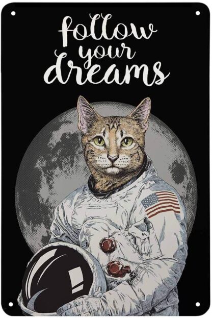 8x12 inch Follow Your Dreams Metal Tin Signs Lovely Cat Astronaut