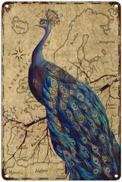 8x12 inch Peacock Retro Metal Wall Hanging Sign Modern Blue Peacock Tail