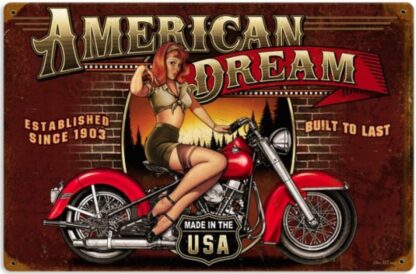 8x12 inch Tin Sign American Dream Sexy Beauty Pin Up Girl Riding Motocycle