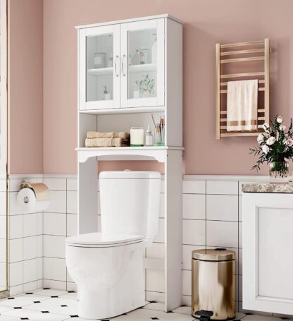 White Over The Toilet Storage Cabinet with Double Tempered Glass Doors