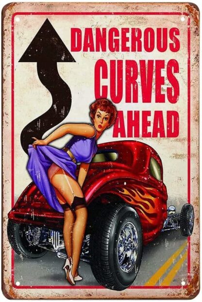 8x12 inch Dangerous Curves Ahead Sexy Beauty Pinup Girl Retro Tin Sign