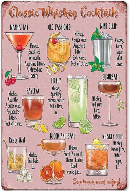 8x12 inch Tin Sign Classic Whiskey Cocktails Metal Poster