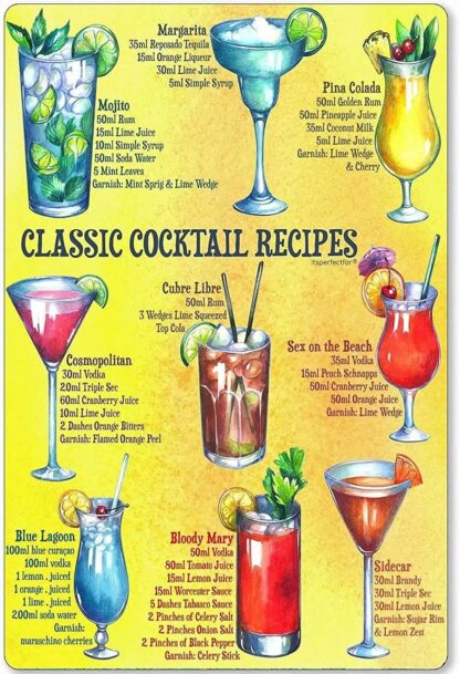 8x12 inch Metal Tin Sign Classic Cocktail Recipes Metal Poster