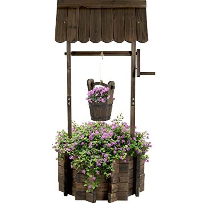 Brown Wooden Wishing Well for Outdoors with Hanging Bucket Flower Planter - Image 9