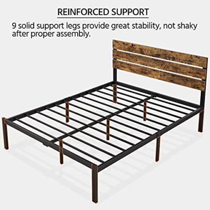 Brown Platform Bed Frame Queen with Wood Headboard and Metal Slats - Image 8