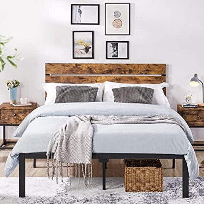 Brown Platform Bed Frame Queen with Wood Headboard and Metal Slats - Image 9