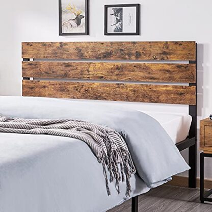 Brown Platform Bed Frame Queen with Wood Headboard and Metal Slats - Image 7