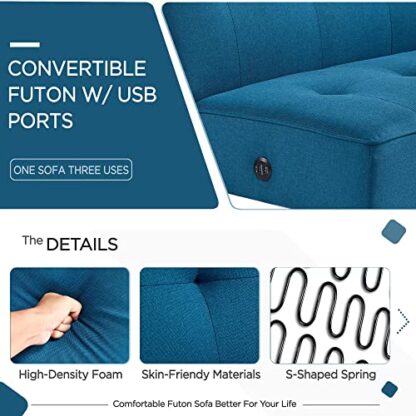 Blue Modern Convertible Futon Sofa Bed - Image 2