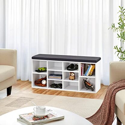 White Shoe Bench, Shoe Storage Cabinet with Adjustable Shelves - Image 4