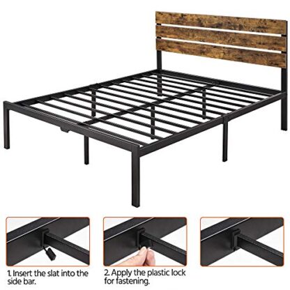 Brown Platform Bed Frame Queen with Wood Headboard and Metal Slats - Image 4