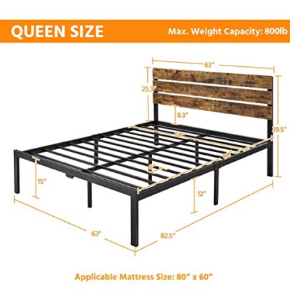 Brown Platform Bed Frame Queen with Wood Headboard and Metal Slats - Image 5