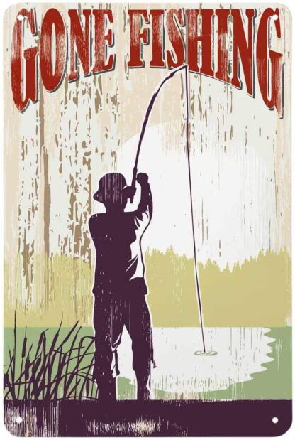 8x12 inch Gone Fishing Tin Sign,Man Lake Grass Rod Hobby Outdoor Relax Fish